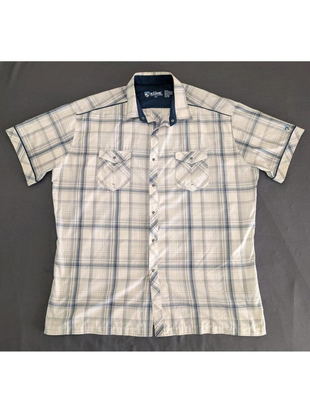 KÜHL Eluxur Mens XXL Plaid Short Sleeve Snap Button Up Woven Polyester Pockets